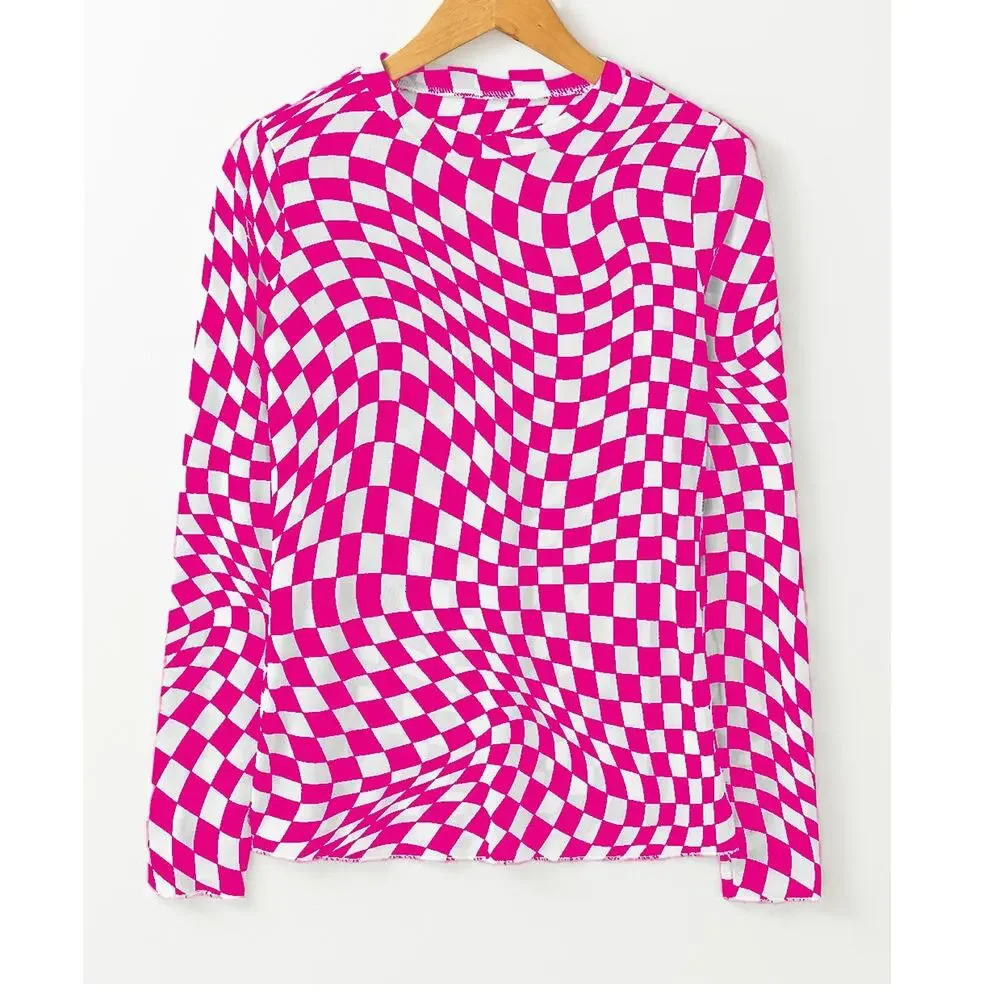 Red White Checkered Pattern Mesh Mock Neck Long Sleeve Top New S M - Picture 2 of 7